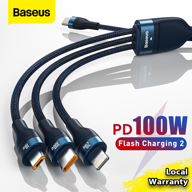 Baseus 3 in 1 USB Type-C Cable PD 100W Fast Charging Cable Flash Series USB+Type-C to MicroUSB+Lightning+Type-C 100W for iPhone Samsung Huawei Xiaomi tablets laptops