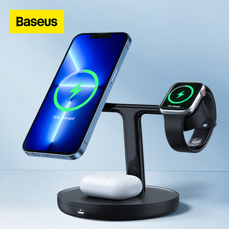 Baseus 20W 3 in 1 Magnetic Wireless Charger Stand For iPhone 12 /13 Series, iWatch, Airpods Pro, Adjustable Induction Charger Dock Station Bracket