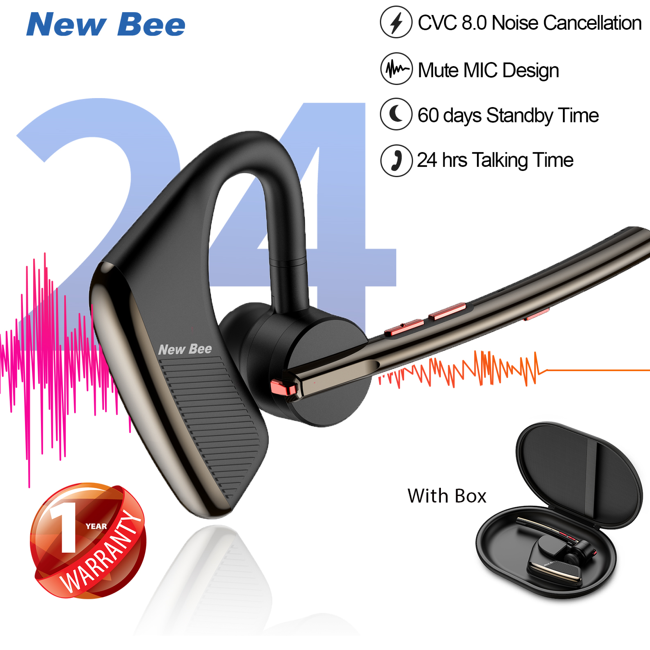 New Bee M50 Bluetooth Earphone Talking Time 24hrs Earbuds Wireless Bluetooth Headphone Wireless Earphone Noise Cancelling Bluetooth Headset for Calls Dual MIC Bluetooth 5.2 for Driver/Courier/ Busines
