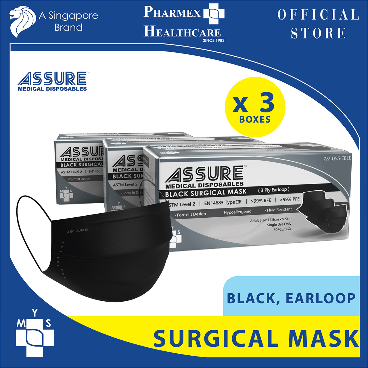 [Bundle of 3] ASSURE Black Surgical Face Mask 3-Ply With Ear- Loop, 50'S/Box