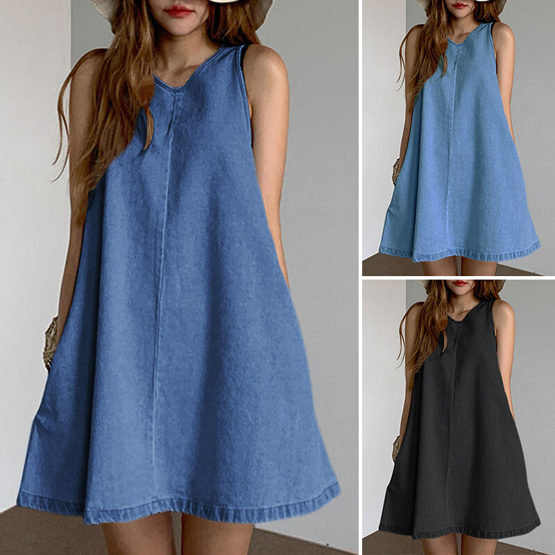 Forevercan VONDA Plus Size Women Casual Loose Sleeveless Holiday Mini Dresses Summer Fashion Denim Tank Dress