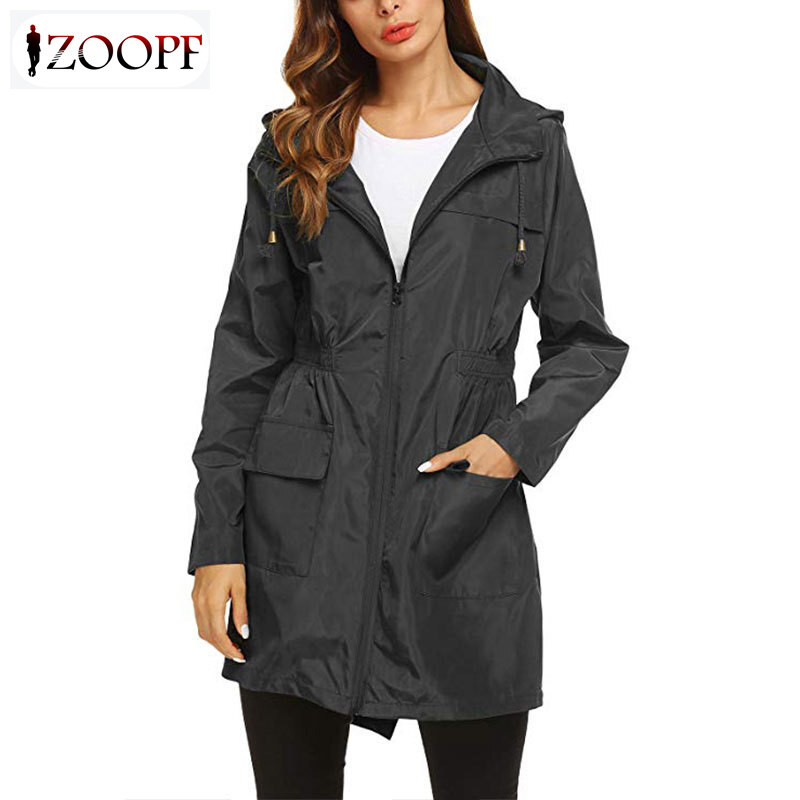 ZOOPF Women Zipper Hooded Raincoat Waterproof Quick-drying Breathable Windproof Long Coat