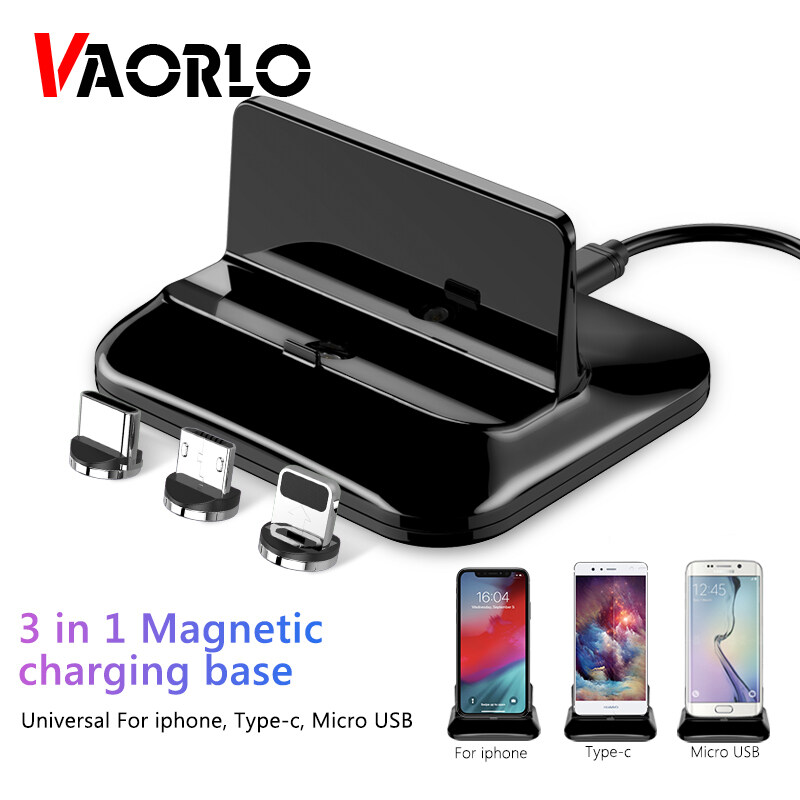 VAORLO 3in1 Magnetic Charger Dock Universal Phone Charge Micro usb Type C Lightning Stand Holder compatible with Apple iPhone 8 7 6 Plus X XR XS MAX For Vivo Oppo Huawei Desktop Charging Blacket